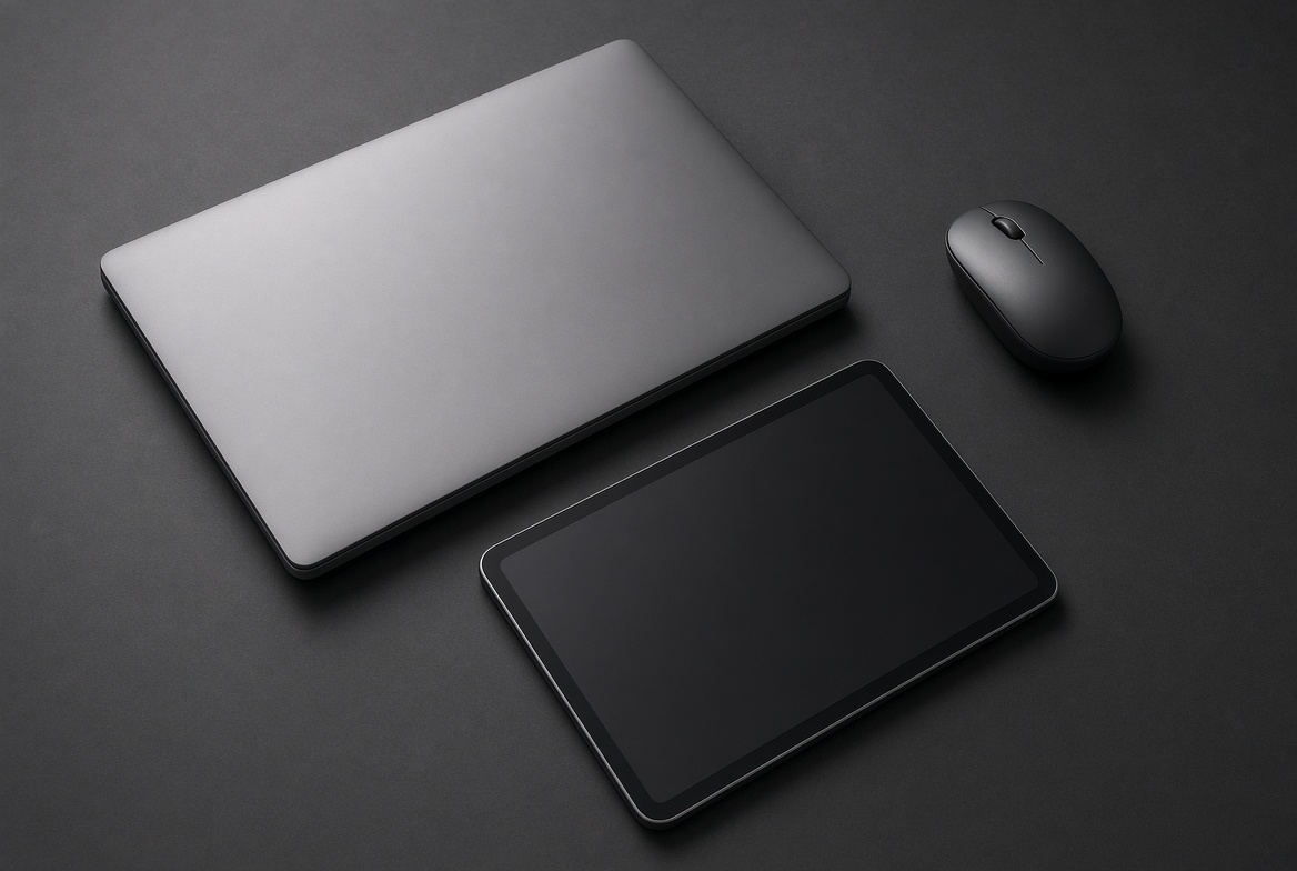 Laptop, tablet, and mouse
