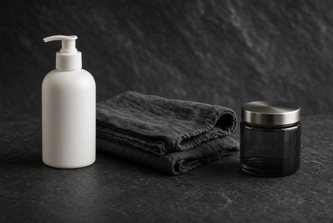 Household care bottle, towel, and storage jar
