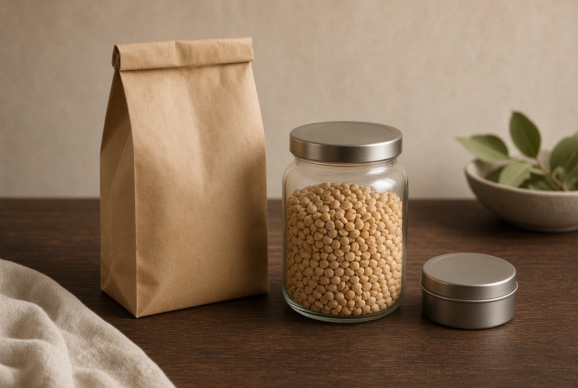 Pantry bag, jar of dry goods, and tin