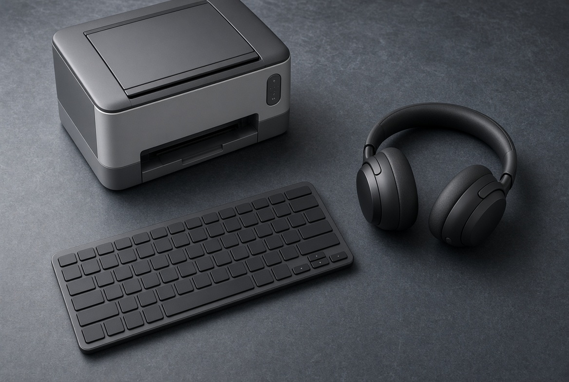 Printer, keyboard, and headphones