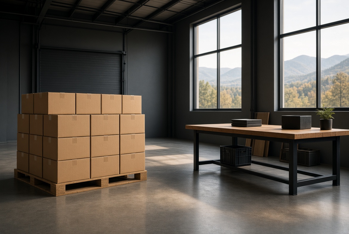 Prepared outbound cartons in a clean warehouse workspace